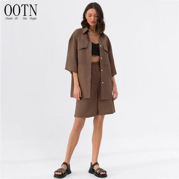 For OOTN 2023 Women's Office Lady Outfit Green Cotton Linen Two-Piece Set High Waist Brown Shorts Lapel Button Shirts Knee Solid