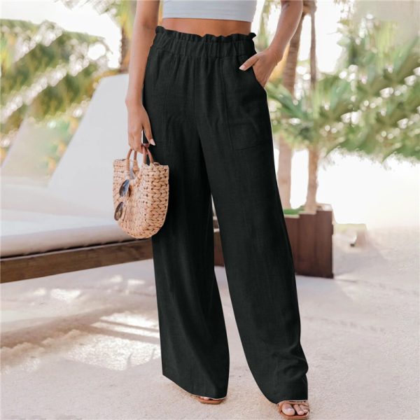 Women's Clothing Fashion Pure Color Ruffled Patch Pockets Casual Wide-leg Trousers Straight-leg Pants