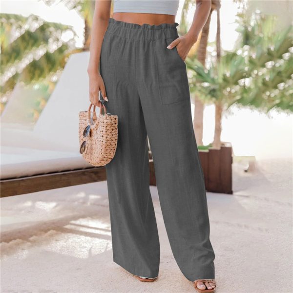 Women's Clothing Fashion Pure Color Ruffled Patch Pockets Casual Wide-leg Trousers Straight-leg Pants