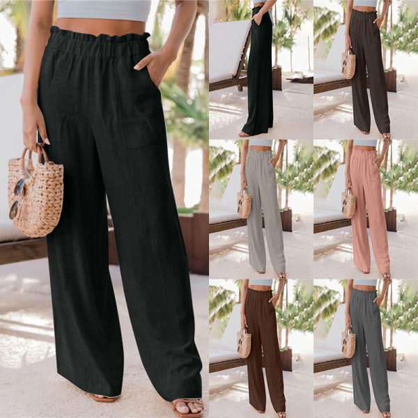 Women's Clothing Fashion Pure Color Ruffled Patch Pockets Casual Wide-leg Trousers Straight-leg Pants