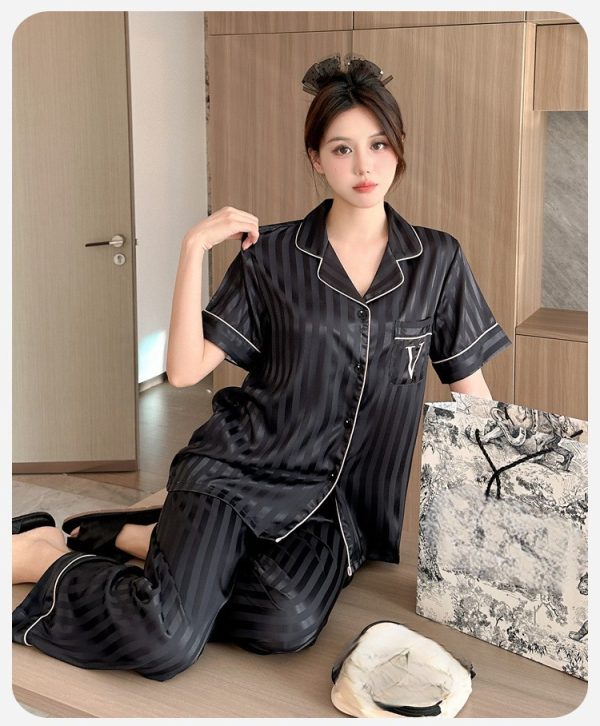 Sleepwear Summer Wear New Women's Youth Stripe Ice Silk Thin Short Sleeved Trousers Sets Pajamas Home Clothing Set Femme