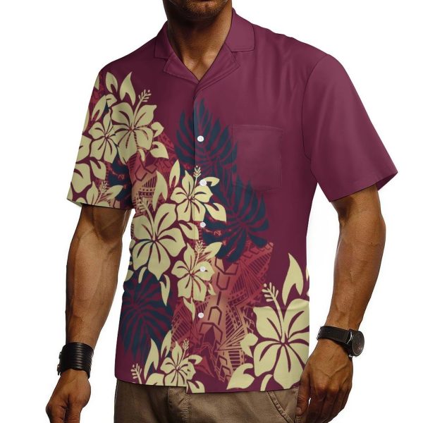 Top Quality Hawaii Style Hibiscus Print and Leaf Short Sleeve With Pocket Shirt Men Polynesian Gentlemen Casual Loose Shirts