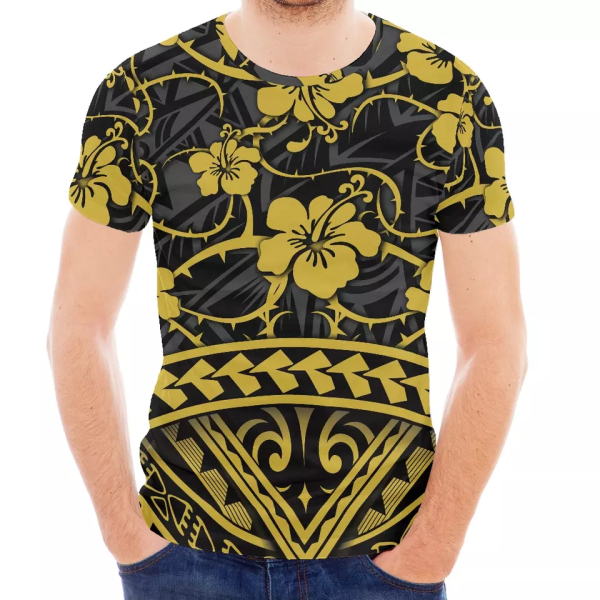 Black and champagne Heavyweight T-shirt Men Polynesian Tribal Print Chuuk Shirts Men Vintage Short Sleeve Tops Men Plus Size 5XL