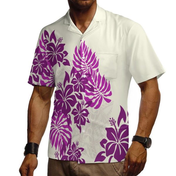 Top Quality Hawaii Style Hibiscus Print and Leaf Short Sleeve With Pocket Shirt Men Polynesian Gentlemen Casual Loose Shirts