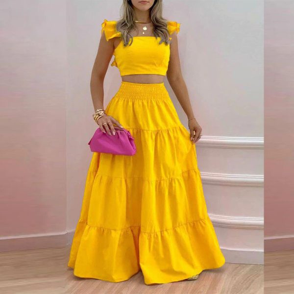 2023 Summer Dress New Arrivals Women's Clothing Fashion Ladies Casual Tank Top Drawstring Slit 2piece Set Womens Maxi Skirts