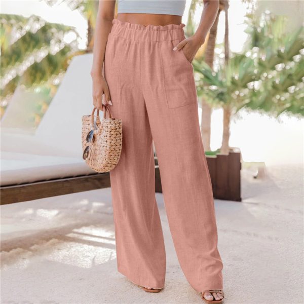 Women's Clothing Fashion Pure Color Ruffled Patch Pockets Casual Wide-leg Trousers Straight-leg Pants