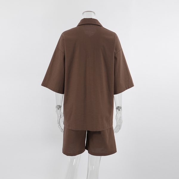 For OOTN 2023 Women's Office Lady Outfit Green Cotton Linen Two-Piece Set High Waist Brown Shorts Lapel Button Shirts Knee Solid
