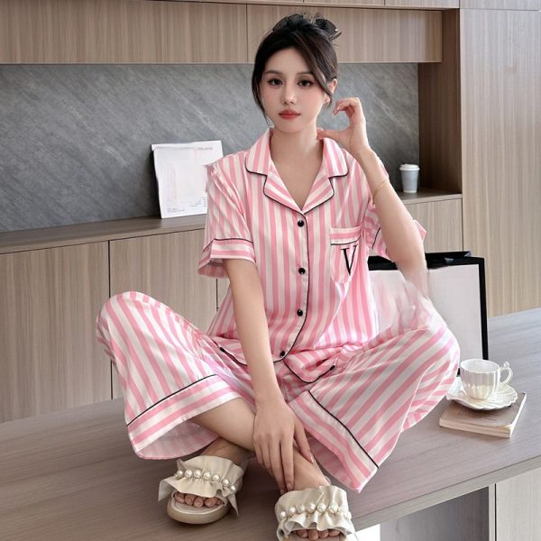 Sleepwear Summer Wear New Women's Youth Stripe Ice Silk Thin Short Sleeved Trousers Sets Pajamas Home Clothing Set Femme