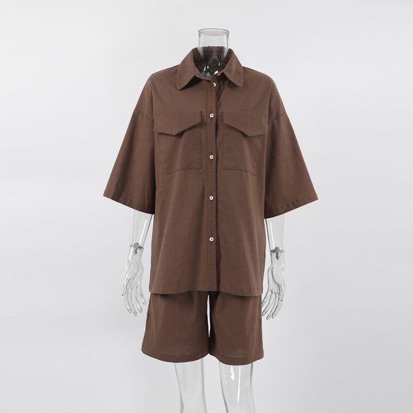 For OOTN 2023 Women's Office Lady Outfit Green Cotton Linen Two-Piece Set High Waist Brown Shorts Lapel Button Shirts Knee Solid