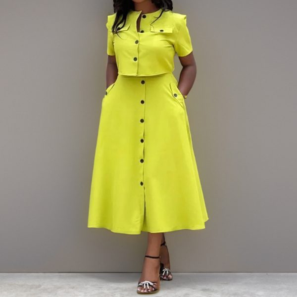 Summer Women Clothing Ladies Casual O Neck Short Sleeve Shirt Crop Top High Waist Button Half Skirt Two Piece Women's Sets