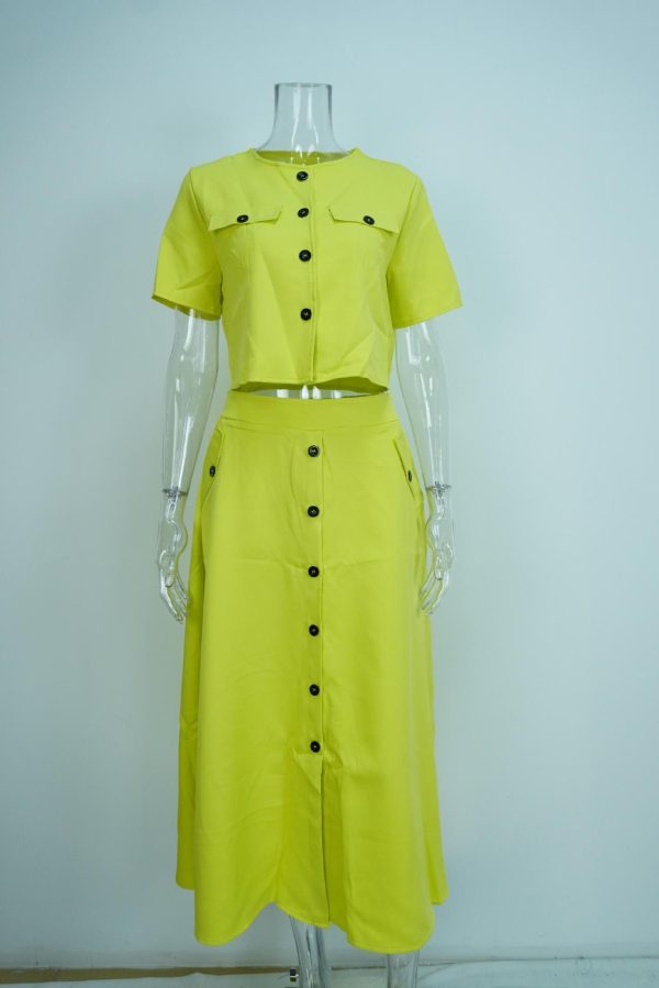 Summer Women Clothing Ladies Casual O Neck Short Sleeve Shirt Crop Top High Waist Button Half Skirt Two Piece Women's Sets