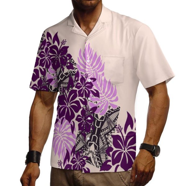 Top Quality Hawaii Style Hibiscus Print and Leaf Short Sleeve With Pocket Shirt Men Polynesian Gentlemen Casual Loose Shirts