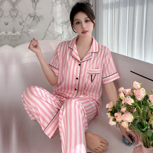 Sleepwear Summer Wear New Women's Youth Stripe Ice Silk Thin Short Sleeved Trousers Sets Pajamas Home Clothing Set Femme