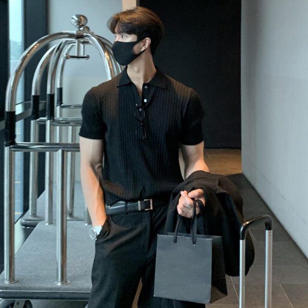 M-3XL Polo Neck Shirt Short Sleeve Men's Loose Relaxed Summer Thin Solid Knit T-shirt Underlay