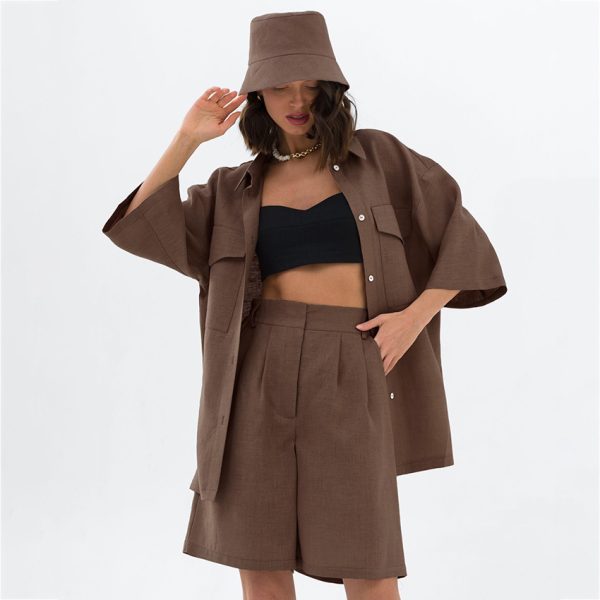 For OOTN 2023 Women's Office Lady Outfit Green Cotton Linen Two-Piece Set High Waist Brown Shorts Lapel Button Shirts Knee Solid